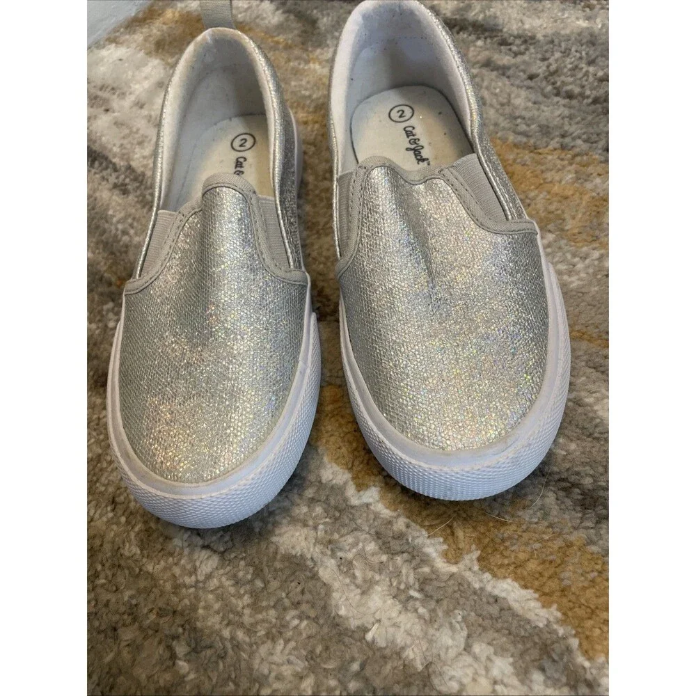 Cat & Jack Girls Gray/Silver Sparkles Slip On Sneakers Shoes Sz 2